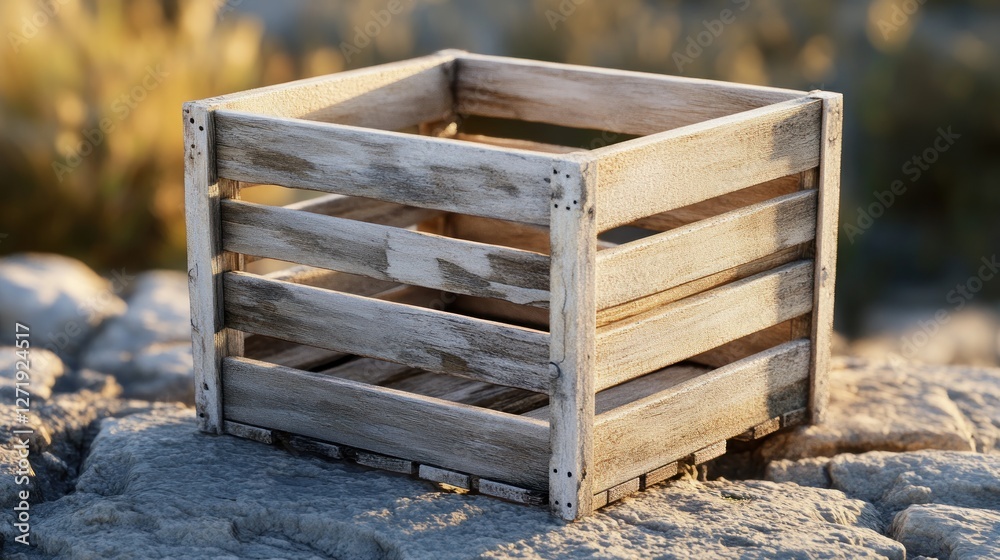 Empty wooden crate outdoors, rocky field sunset background, rustic decor Empty wooden crate outdoors, rocky field sunset background, rustic decor