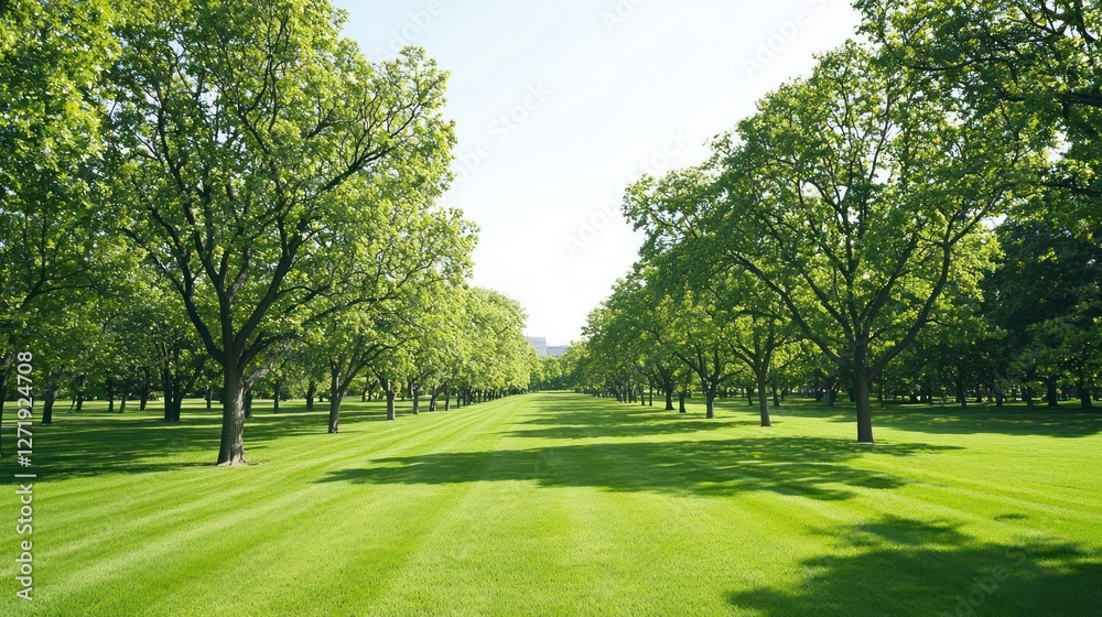 Fototapeta premium Sunlit Orchard Path: Lush Green Trees and Grassy Field