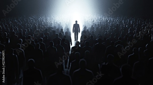 A single bright figure walking forward in a darkened crowd, representing ambition and progress.