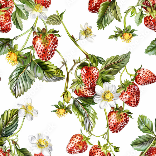 Seamless pattern featuring realistic illustrations of ripe strawberries and their blossoms on a white background