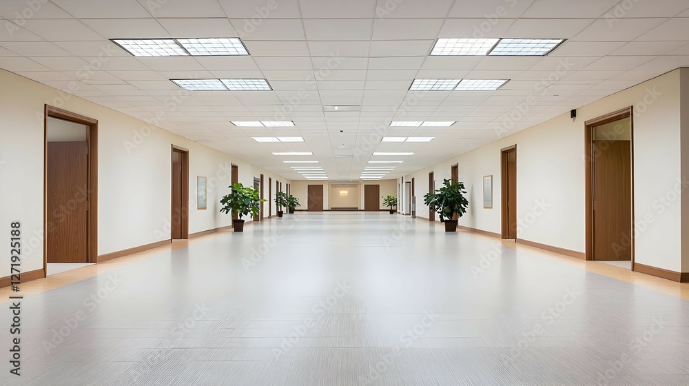 Long Empty Hallway with Beige Walls and Brown Doors Long Empty Hallway with Beige Walls and Brown Doors