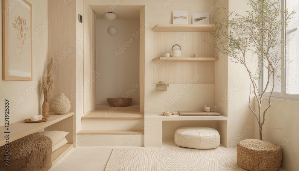 Fototapeta premium Modern minimalist beige home interior with natural decoration