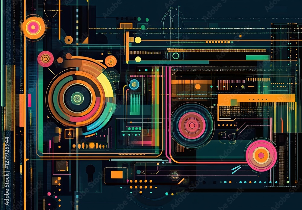 Fototapeta premium A flat design illustration featuring various geometric shapes and patterns in earthy tones, such as blues, greens, browns, oranges, yellows, pinks, and dark reds