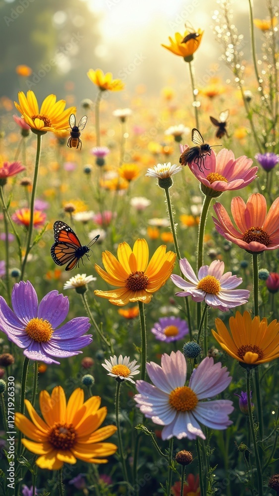 Fototapeta premium Vibrant wildflower meadow with butterflies and bees in sunlight