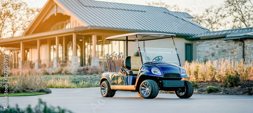 Golf cart with a blue top and a sunroof