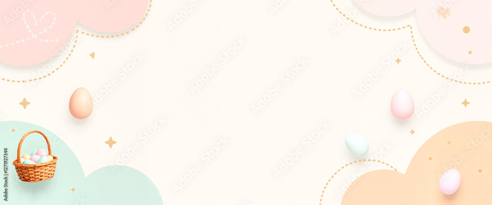 Soft pastel Easter design with dreamy clouds and floating basket of eggs, celebration of spring joy. Soft pastel Easter design with dreamy clouds and floating basket of eggs, celebration of spring joy.