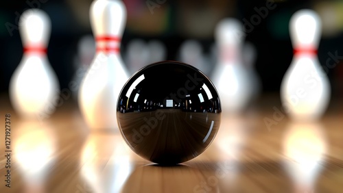 A shiny black bowling ball on a wooden lane, with white bowling pins in the background. Concept Bowling Alley Scene, Shiny Black Bowling Ball, Wooden Lane Texture, White Bowling Pins photo