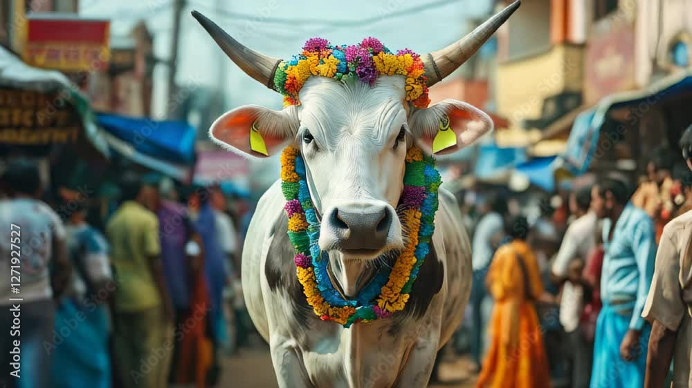 Sacred cow wearing flower garland at indian festival