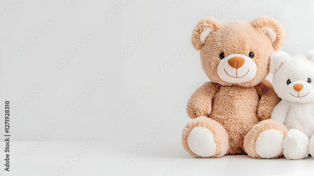 Fototapeta premium Two teddy bears sitting together on white background; friendship, childhood, innocence
