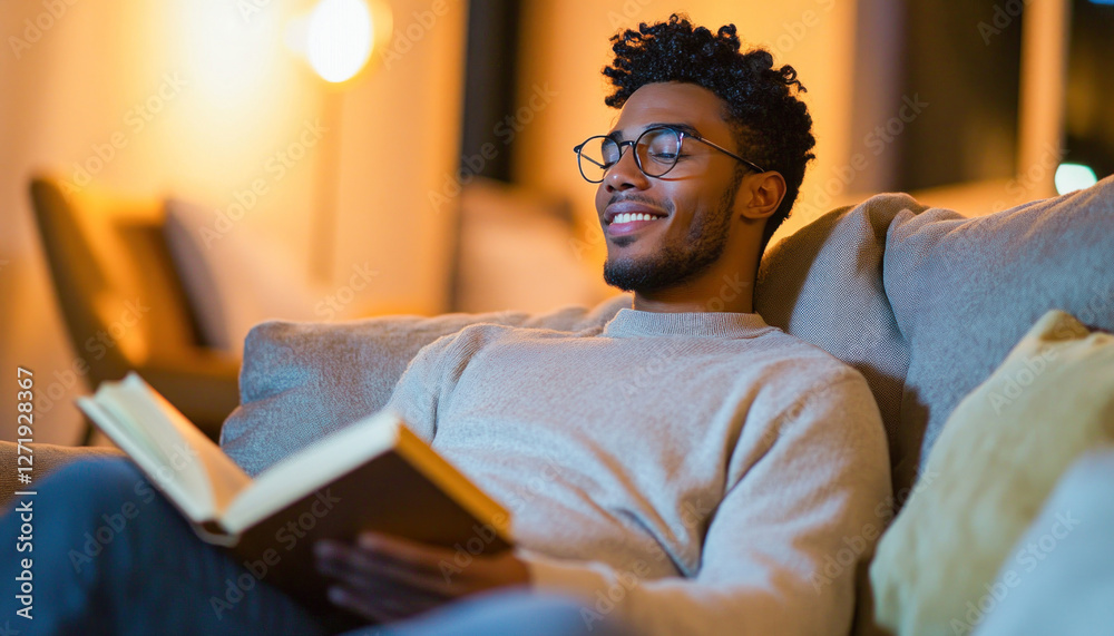 Fototapeta premium Man in a sweater is reading a book while sitting on a couch