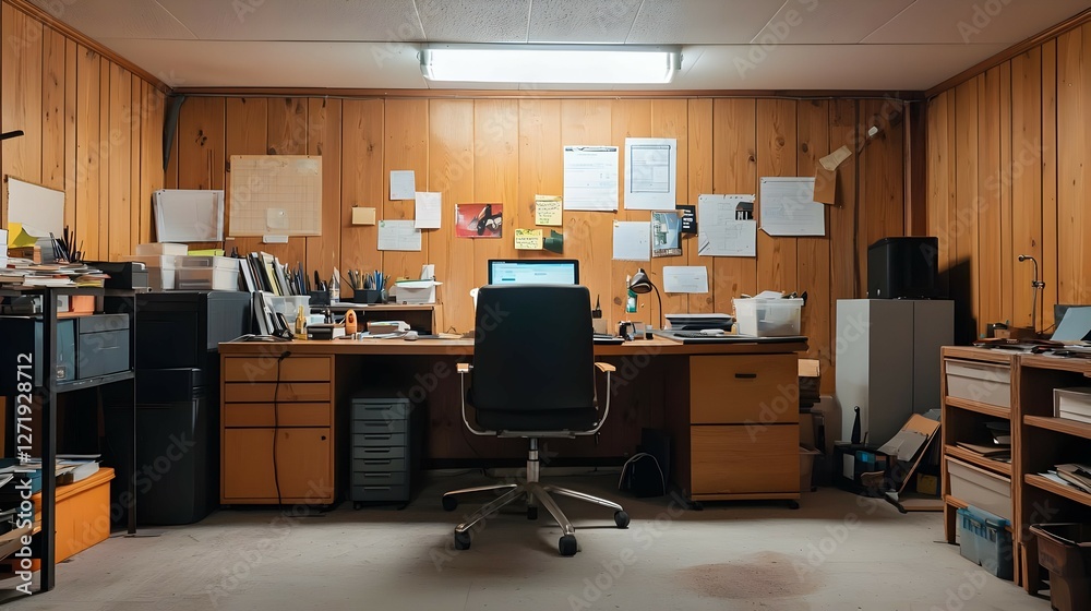 Cluttered Wooden Office Workspace with Documents and Computer Cluttered Wooden Office Workspace with Documents and Computer