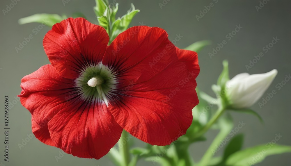 Closeup of single red epetunia flower with intricate white details on a green stem, garden blooms, closeup bloom, white epetunia Closeup of single red epetunia flower with intricate white details on a green stem, garden blooms, closeup bloom, white epetunia