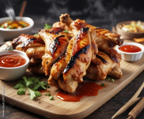 Closeup of grilled chicken wing with spicy sauce drizzled on top, savory, , meaty