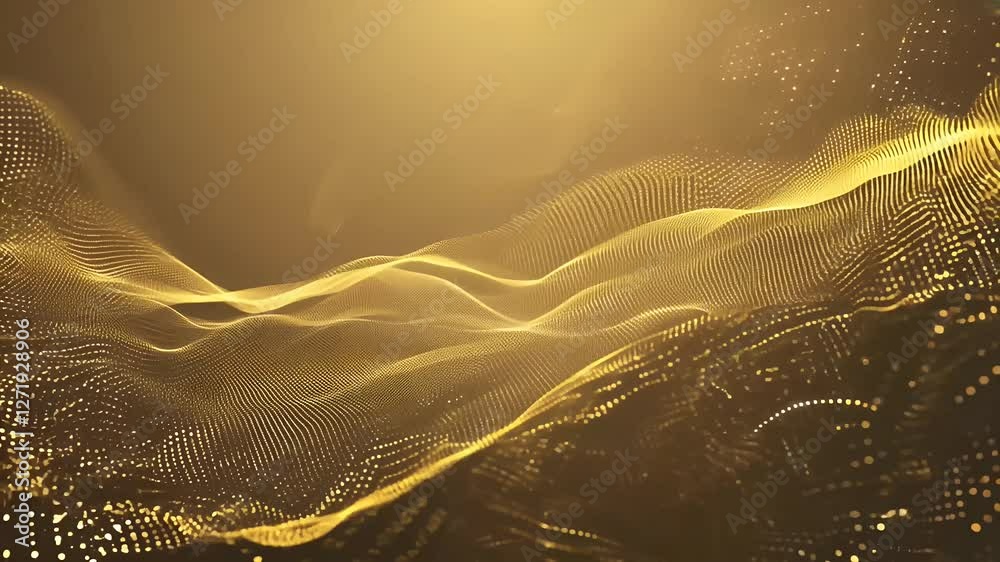 A futuristic animated background featuring shimmering golden particles drifting endlessly screen paired dynamic lines dots sleek modern video screensaver design