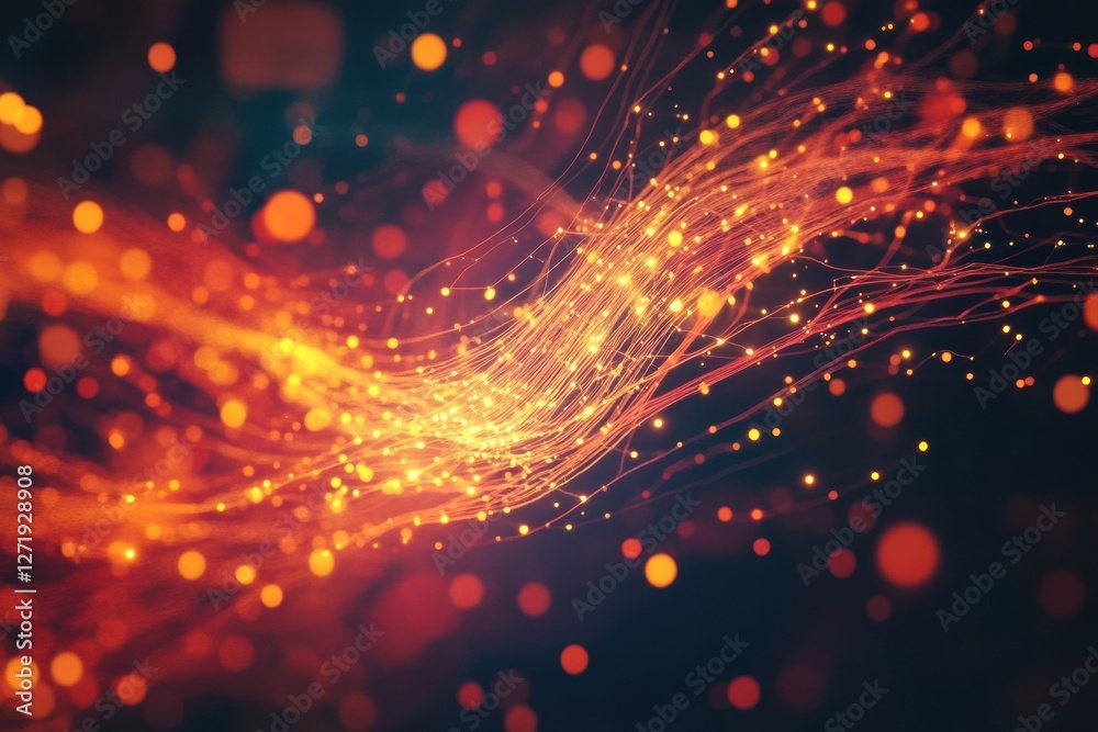 Fototapeta premium Flow of vibrant golden particles in a dynamic abstract representation during a creative light display. Generative AI