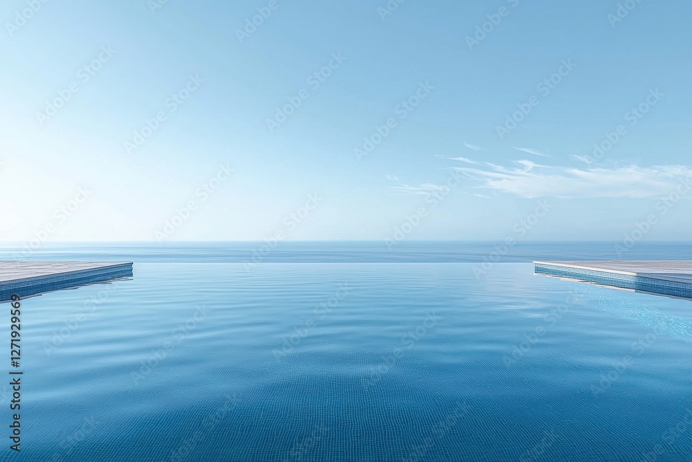 A serene infinity pool merges with the horizon under a clear blue sky, creating a seamless transition between water and sky, evoking tranquility and relaxation. A serene infinity pool merges with the horizon under a clear blue sky, creating a seamless transition between water and sky, evoking tranquility and relaxation.