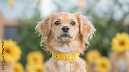 Golden Retriever puppy portrait, sunflowers background, garden, pet photography photo