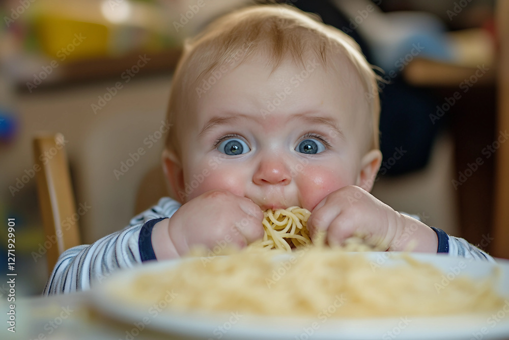 Generative AI image of a cute baby eating food in a highchair with a messy and funny expression Generative AI image of a cute baby eating food in a highchair with a messy and funny expression