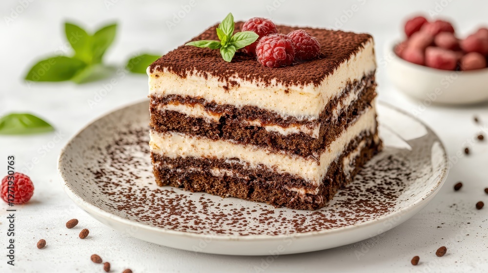A delicious slice of chocolate dessert layered with creamy filling, garnished with fresh raspberries and mint, served on a plate with chocolate shavings. A delicious slice of chocolate dessert layered with creamy filling, garnished with fresh raspberries and mint, served on a plate with chocolate shavings.