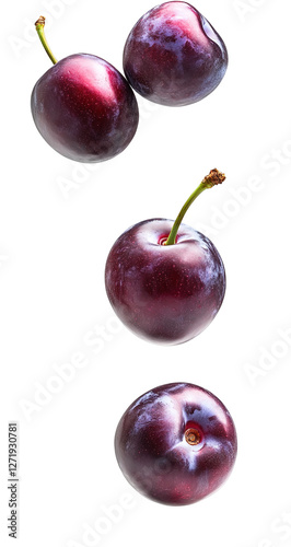 Assortment of crimson plums on a blank canvas.