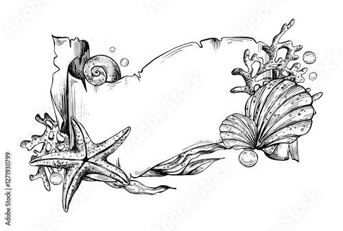 Paper banner scroll, in marine theme with underwater animals, shells, seaweed, corals, starfish and bubbles. Graphic illustration hand drawn in black ink. Template, frame, board EPS vector
