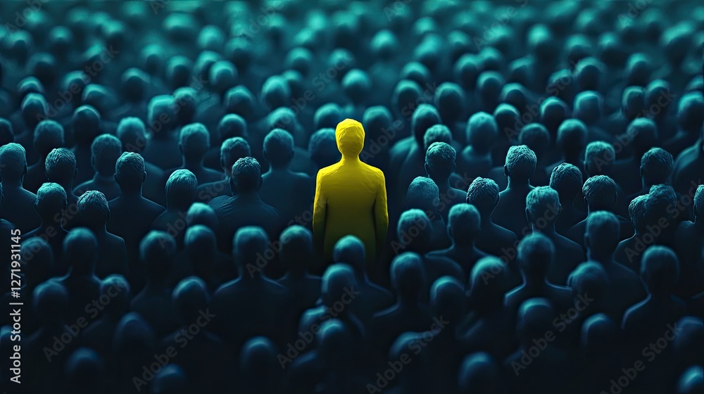 Obraz premium Concept of uniqueness--one yellow figure rising above a blue crowd, symbolizing vision.