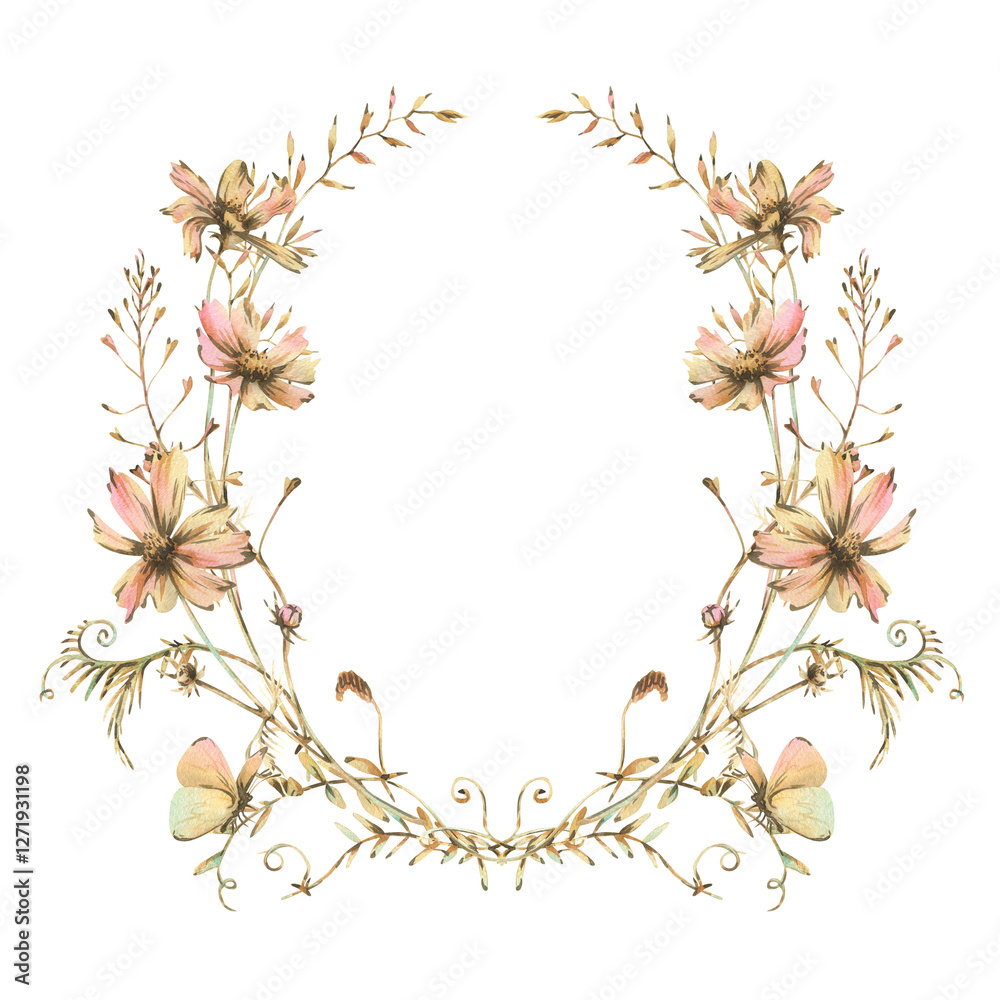 Field, meadow, wild flowers and herbs cosmos and other, butterfly. Watercolor illustration hand drawn in beige, brown and ocher colors. Circle, round, oval wreath frame isolated from background Field, meadow, wild flowers and herbs cosmos and other, butterfly. Watercolor illustration hand drawn in beige, brown and ocher colors. Circle, round, oval wreath frame isolated from background