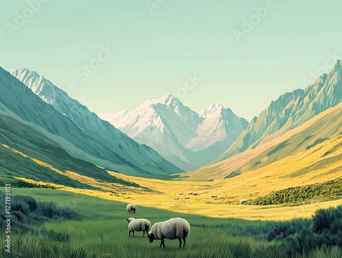 A picturesque valley with grazing sheep and distant mountains, centered on a solid light mint background
