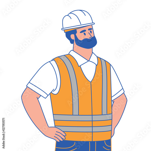 Portrait of a worker in a white helmet and orange vest, hands on hips. Vector illustration isolated on the back ground