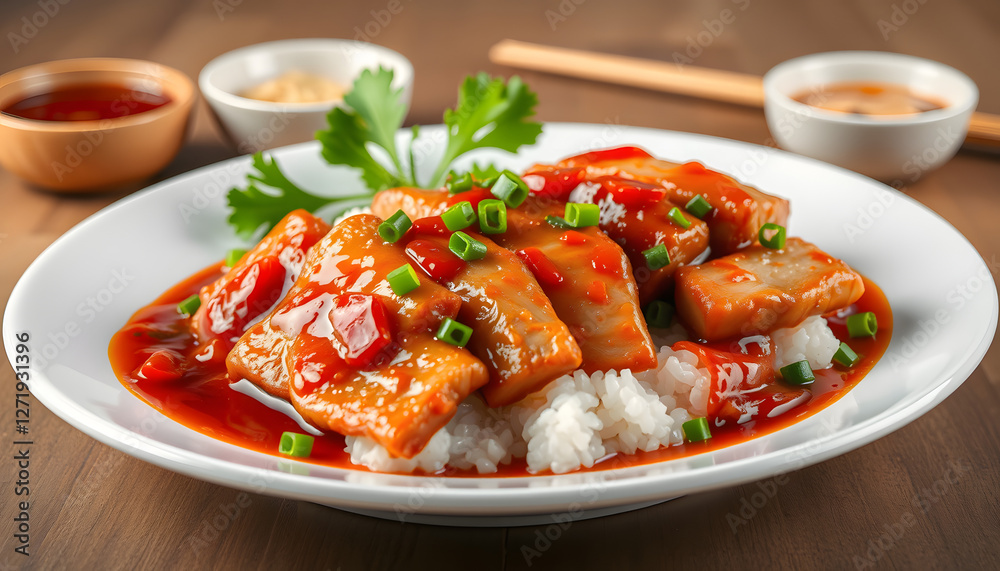 Asian cuisine - pork with chili sauce, papercraft. with white shades Asian cuisine - pork with chili sauce, papercraft. with white shades