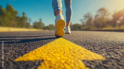 Wallpaper Mural Woman's feet walking on road, following yellow arrow. Torontodigital.ca