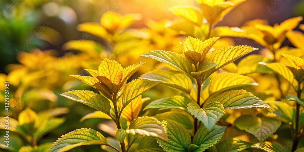 Golden Angel Japanese Mint Shrub in Dappled Sunlight - High-Resolution Stock Photo Golden Angel Japanese Mint Shrub in Dappled Sunlight - High-Resolution Stock Photo