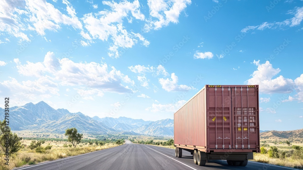 Fototapeta premium Red Shipping Container Truck on a Scenic Highway with Mountain Landscape