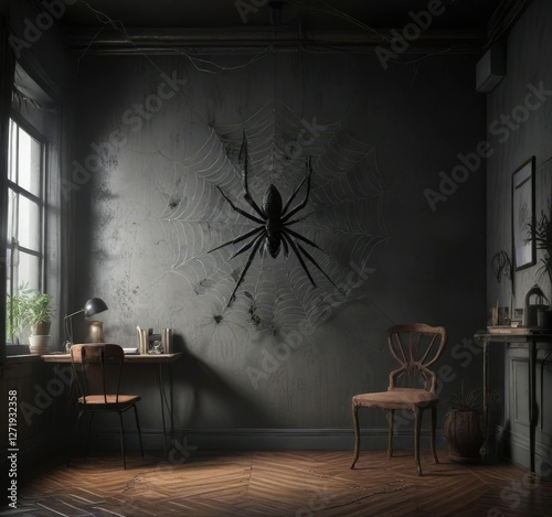 Dark corner of room with giant poisonous spider on cobweb, poisonous, eerie atmosphere, gloominess photo