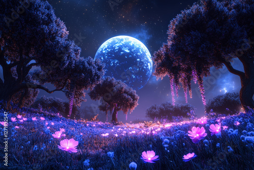 Enchanted Moonlit Forest with Blooming Flowers 