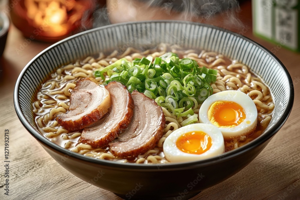 A steaming bowl of delicious ramen with pork slices, soft-boiled eggs, and scallions, a comforting and flavorful Japanese noodle soup dish served in a bowl. A steaming bowl of delicious ramen with pork slices, soft-boiled eggs, and scallions, a comforting and flavorful Japanese noodle soup dish served in a bowl.