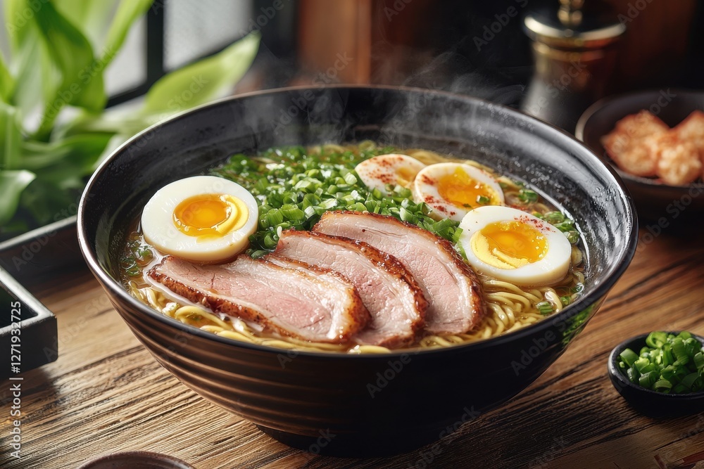 A delectable bowl of steaming ramen with succulent pork belly slices, perfectly cooked soft boiled eggs, and fresh scallions, arranged artfully. A delectable bowl of steaming ramen with succulent pork belly slices, perfectly cooked soft boiled eggs, and fresh scallions, arranged artfully.