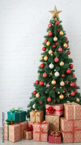 Decorated Christmas tree with colorful ornaments and gift boxes arranged neatly in front of a white brick wall with copy space, celebration, green