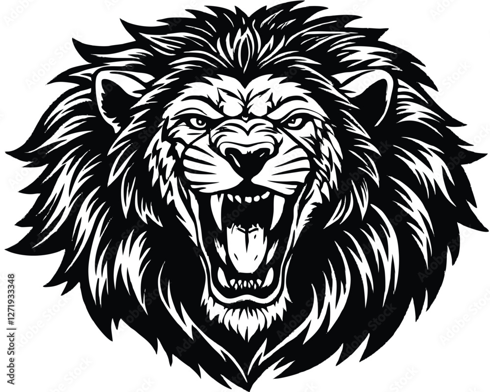Fototapeta premium Majestic Lion Vector Illustration – Bold and Fierce Black and White Design. Powerful Lion Tattoo Design – Stunning Black and White Lion Art.