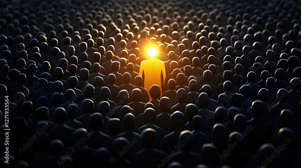 Obraz premium Leadership concept--a golden figure shining in a crowd of uniform, darker figures.