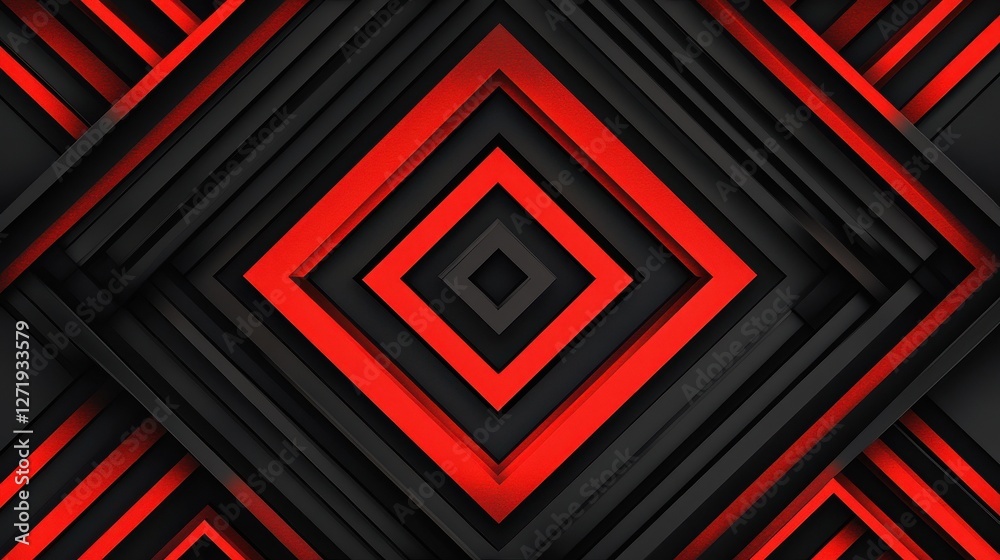 Geometric design features nested diamonds in red and black Geometric design features nested diamonds in red and black