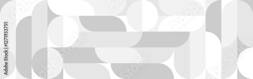 White trendy seamless background of circles and squares in modern Scandinavian style. Cover of gray geometric shapes in retro texture for wallpaper or packaging.