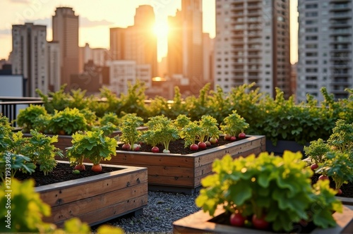 Urban rooftop garden with vegetables and city skyline at sunset photo
