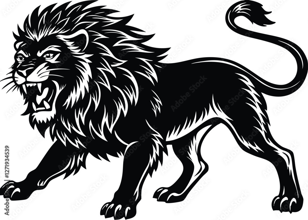 Fototapeta premium Majestic Lion Vector Illustration – Bold and Fierce Black and White Design. Powerful Lion Tattoo Design – Stunning Black and White Lion Art.