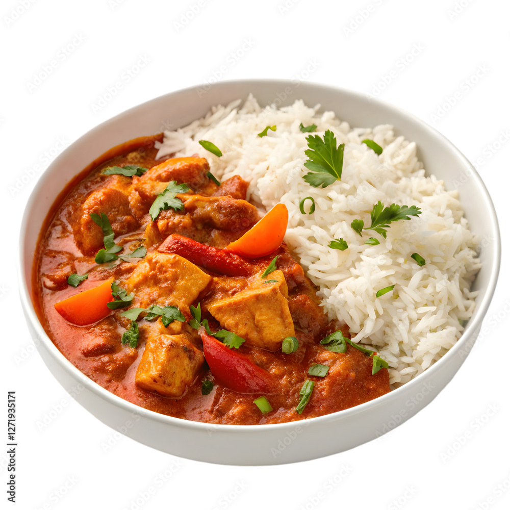 Chicken Tikka Masala with Rice: Indian Recipe isolated on transparent background Chicken Tikka Masala with Rice: Indian Recipe isolated on transparent background