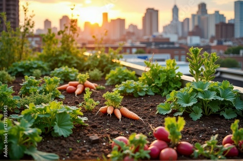 Rooftop urban garden with fresh vegetables at sunset overlooking cityscape photo