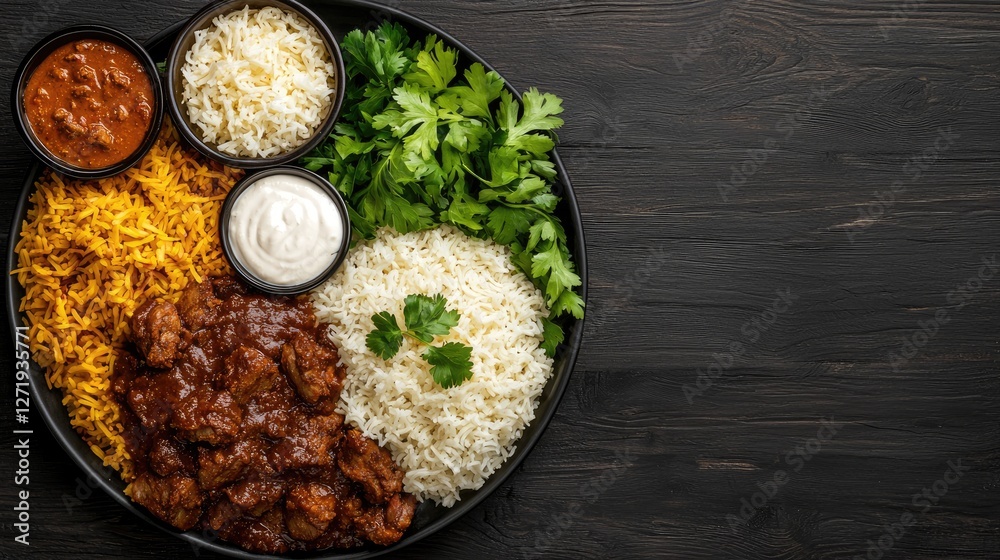 Indian Cuisine Platter with Rice and Curry Indian Cuisine Platter with Rice and Curry