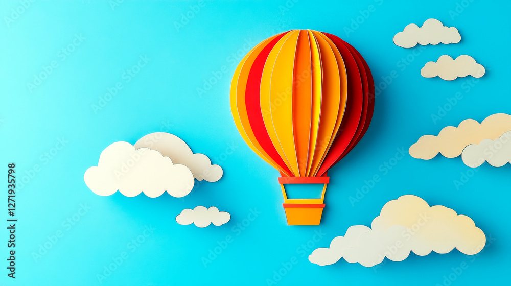 Fototapeta premium Hot Air Balloon in a Clear Sky in Vibrant Red and Yellow Hues, Paper Cut