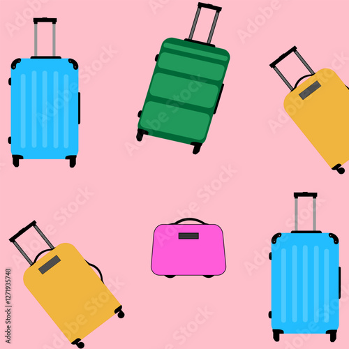 Pattern of colors icon wheeled travel bag with hand. Plastic travel suitcase isolated on color background.