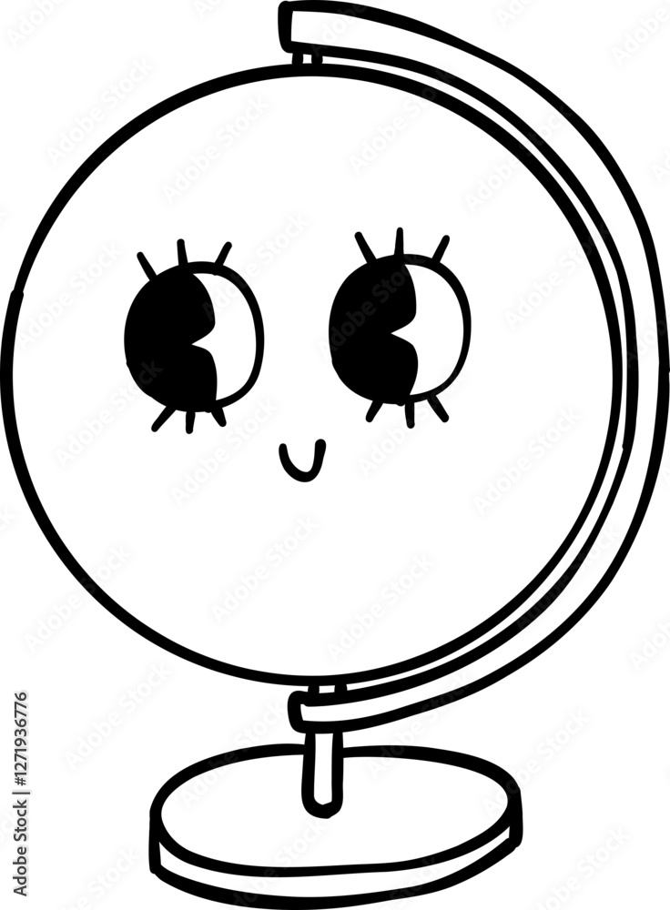 Obraz premium Black and white kawaii-style illustration of a globe with a cute, smiling face. Perfect for educational, travel, or cartoon-themed designs